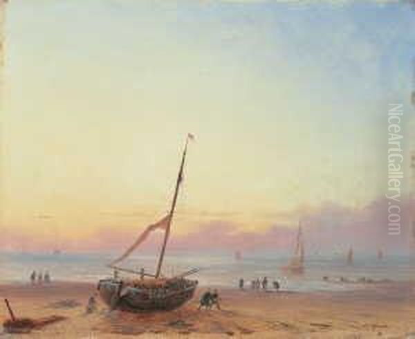 Beim Entladen Des Fischfangs. Oil Painting by Carl Eduard Ahrendts