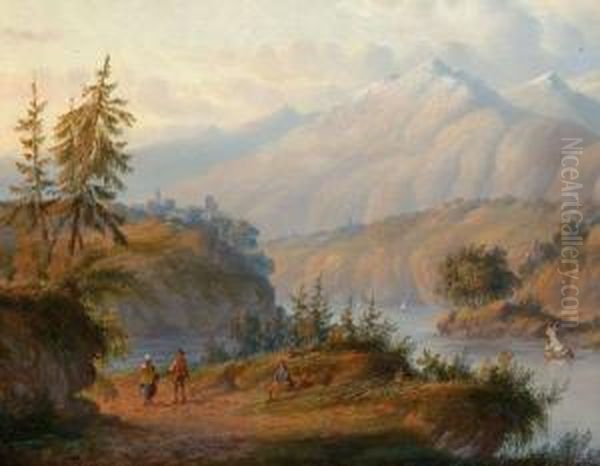 Travellers In A Mountainous Landscape Oil Painting by Carl Eduard Ahrendts