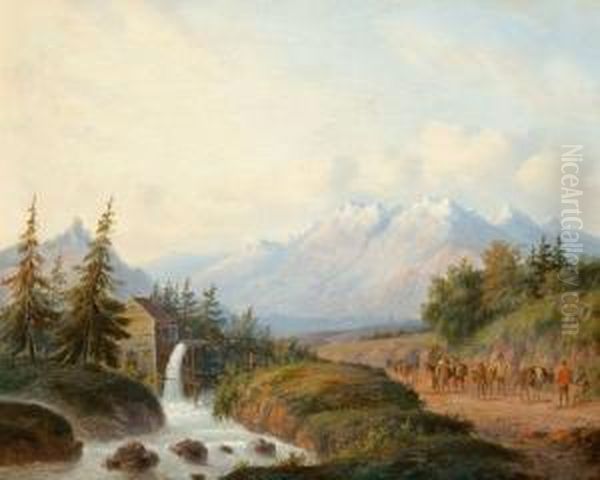 Travellers In A Mountainous Landscape Oil Painting by Carl Eduard Ahrendts