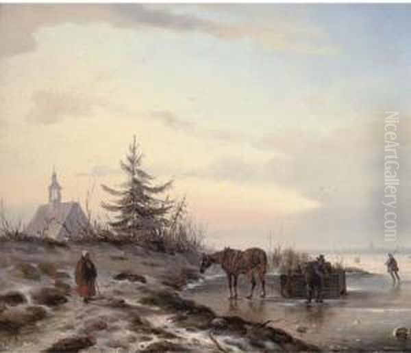 Securing A Barrel On The Ice Oil Painting by Carl Eduard Ahrendts