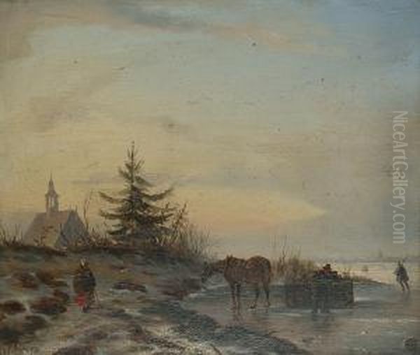 Winter Landscape With Figures And A Church Beyond. Oil Painting by Carl Eduard Ahrendts