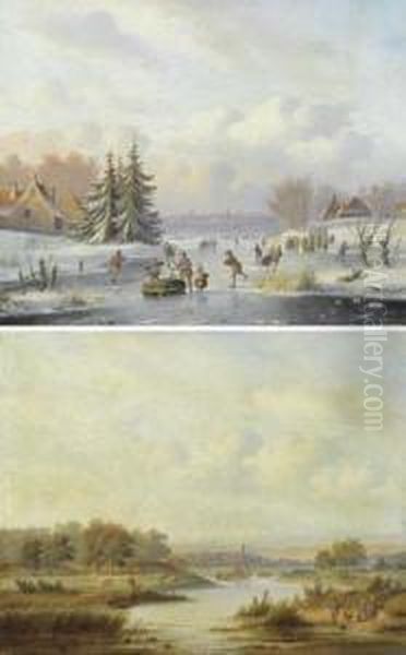 Pair Of Works: Summer Landscape / Winter Landscape. Oil Painting by Carl Eduard Ahrendts