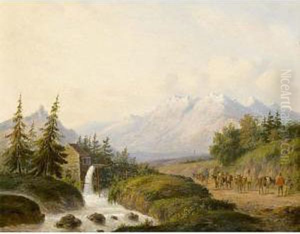 Travellers In A Mountainous Landscape Oil Painting by Carl Eduard Ahrendts