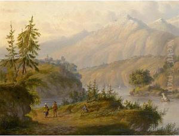 Travellers In An Extensive River Landscape Oil Painting by Carl Eduard Ahrendts