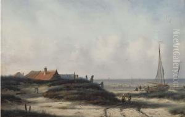 Fisherfolk By A Village On The Dutch Coast Oil Painting by Carl Eduard Ahrendts