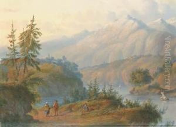 Figures In An Alpine Landscape Oil Painting by Carl Eduard Ahrendts