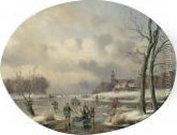 Skaters On A Frozen Waterway, A 'koek En Zopie' In The Distance Oil Painting by Carl Eduard Ahrendts