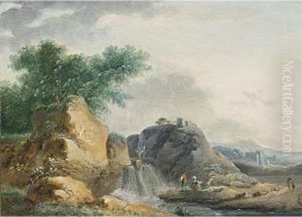 Rocky Landscape With A Waterfall Oil Painting by Carl Eduard Ahrendts