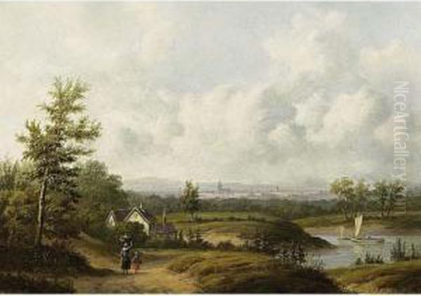 Travellers In A Summer Landscape Oil Painting by Carl Eduard Ahrendts