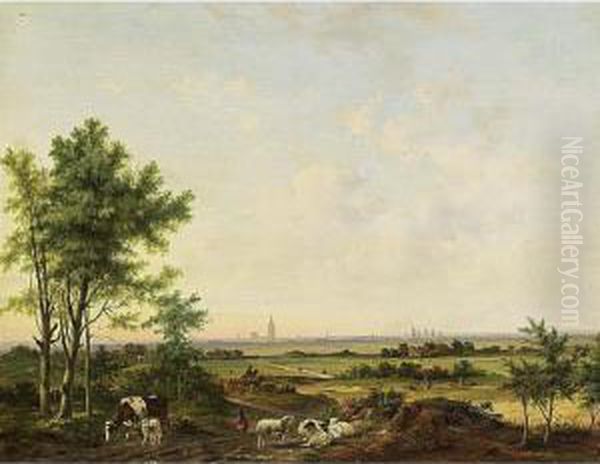 An Extensive Landscape With A Shepherd And His Flock Oil Painting by Carl Eduard Ahrendts