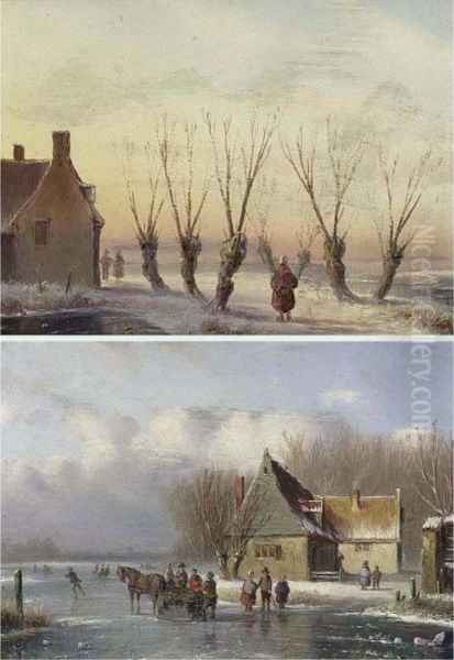 Figures With A Horse And Sledge On The Ice; Figures In A Winter Landscape (a Pair) Oil Painting by Carl Eduard Ahrendts