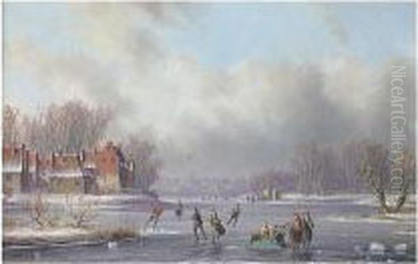 Skating On The Lake Oil Painting by Carl Eduard Ahrendts