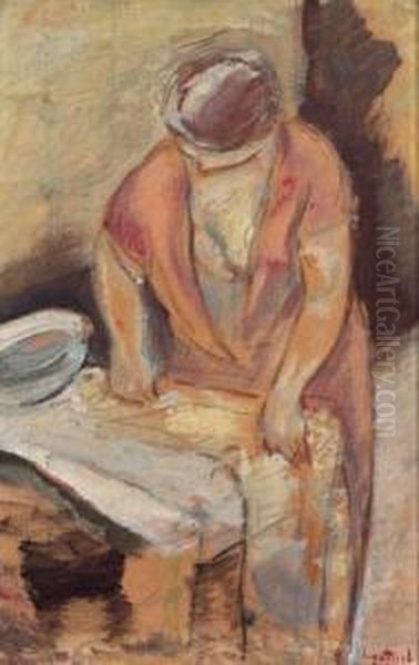 A Girl Working Oil Painting by Leopold Ahrendts