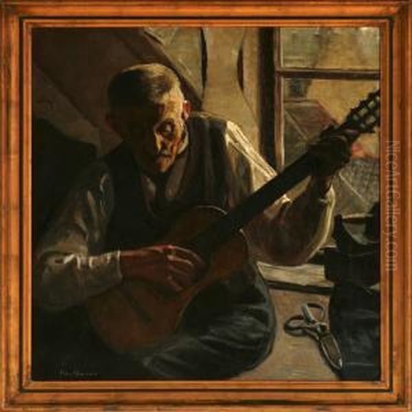 En Mand, Der Spiller Pa En Guitar Oil Painting by Christian Aigens