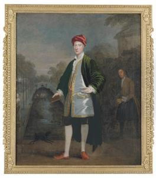 Portrait Of A Gentleman, 
Probably Richard Boyle, 3rd Earl Ofburlington And 4th Earl Of Cork 
(1694-1753), Full-length, With Hisgardener, James Scott, Before A 
Rectangular Pond In A Garden,probably Chiswick Oil Painting by William Aikman