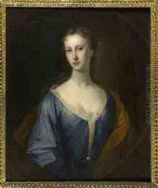 Half Length Portrait Of A Young Woman In A Blue Dress Oil Painting by William Aikman