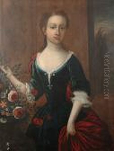 Portrait Of A Young Girl, 
Three-quarter-length, In A Blue Dress With A Red Wrap, Standing Beside A
 Vase Of Flowers, A View To A Landscape Beyond Oil Painting by William Aikman