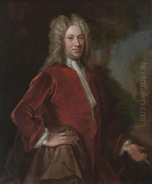 Portrait Of Charles, 9th Lord 
Elphinstone (1676-1738), Three-quarter-length, In A Red Velvet Coat, In A
 Landscape Oil Painting by William Aikman