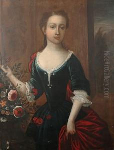 Portrait Of A Young Girl, 
Three-quarter-length, In A Blue Dress With A Red Wrap, Standing Beside A
 Vase Of Flowers, A View To A Landscape Beyond Oil Painting by William Aikman