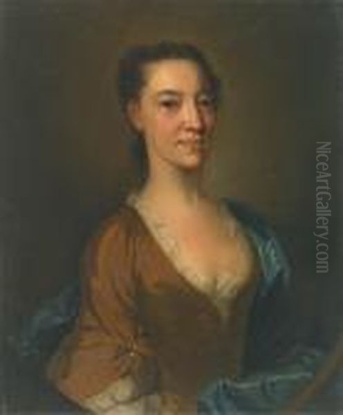 A Portrait Of Catherine Dacre, Half-length, Wearing A Brown Dress With A Blue Wrap Oil Painting by William Aikman