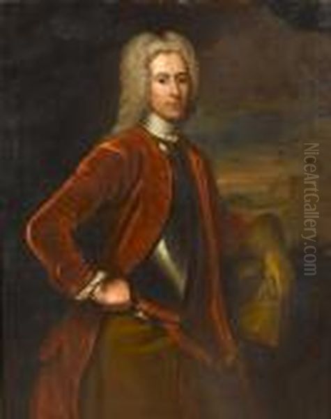 Portrait Of A Gentleman, 
Three-quarter-length, In A Burgundy Coat With A Breast Plate, Holding A 
Glove, A View To A Castle And A Landscape Beyond Oil Painting by William Aikman