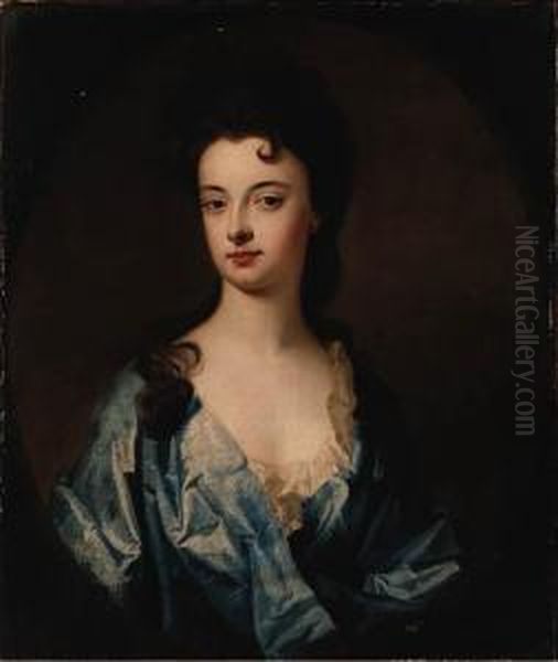 Portrait Of A Lady, Said To Be 
The Countess Of Dorchester, Halflength, Wearing A Blue Dress, In A 
Painted Oval Oil Painting by William Aikman