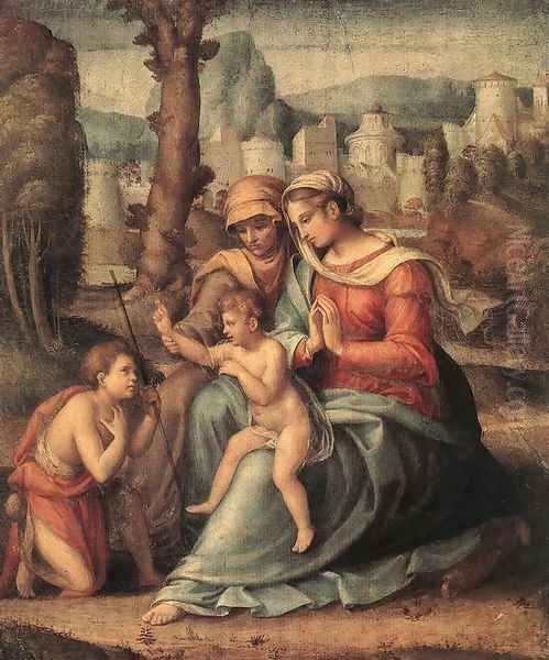 Madonna with Child, St Elisabeth and the Infant St John the Baptist 1530s Oil Painting by Francesco Ubertini Bacchiacca II