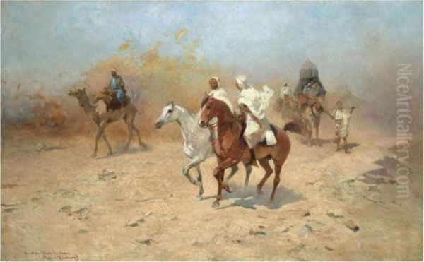 A Camel Caravan In The Desert Oil Painting by Thaddaus von Ajdukiewicz