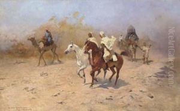 An Arab Caravan In The Desert Oil Painting by Thaddaus von Ajdukiewicz