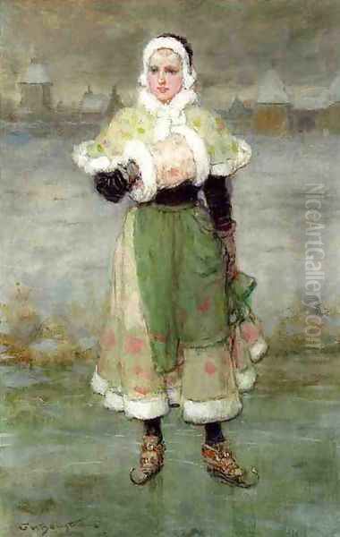 Woman on Skates Oil Painting by George Henry Boughton