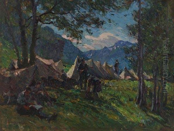 Accampamento Alpino Nell'alta Valle Di Gressoney Oil Painting by Lidio Ajmone