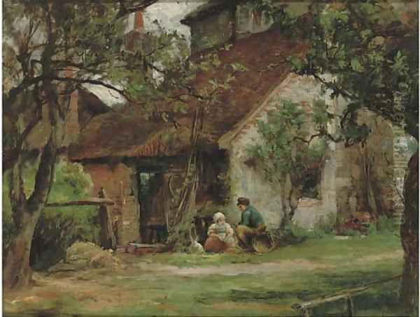 Children and a rabbit playing by an outhouse Oil Painting by George Henry Boughton