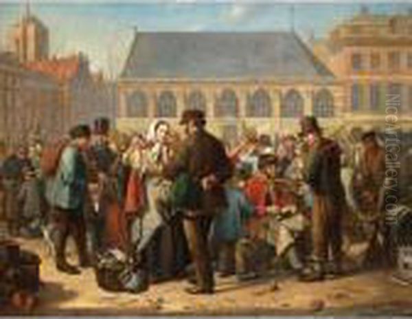 Many Figures On The Nieuwe Markt In Rotterdam Oil Painting by Jacob Akkersdyk