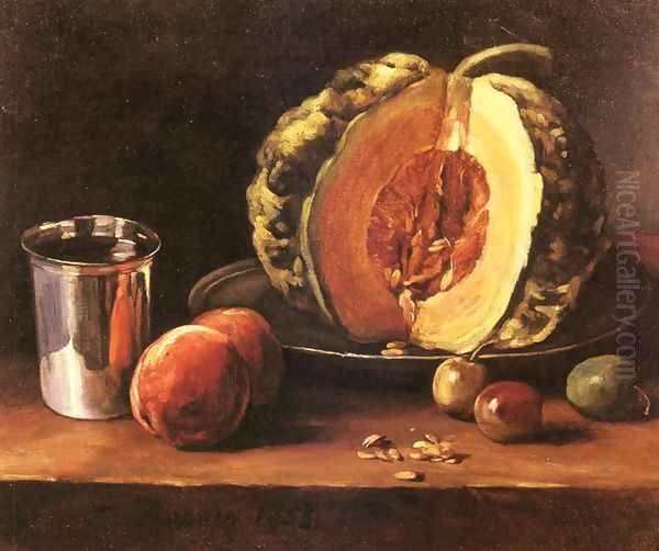 Still life with a Pumpkin, Peaches and a Silver Goblet on a Table Top Oil Painting by Francois Bonvin