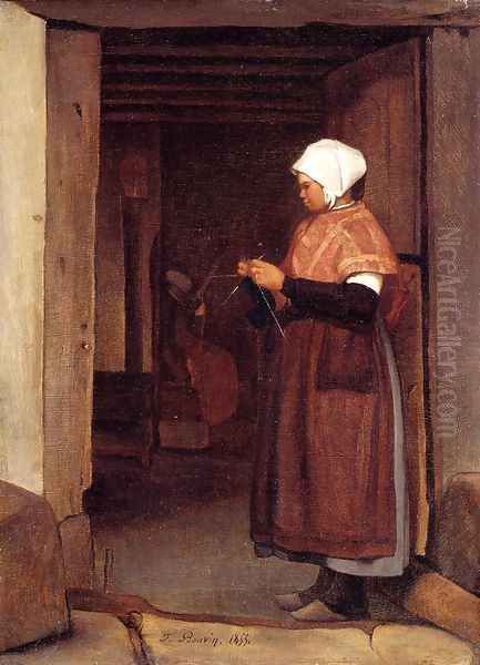 Peasant Knitting Oil Painting by Francois Bonvin