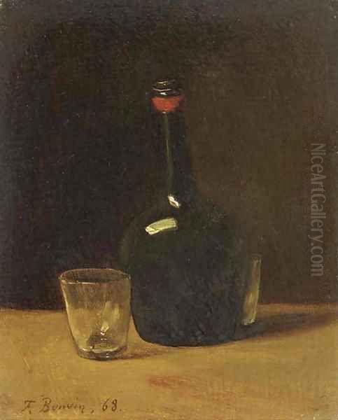 Nature morte a bottle of port and glasses on a ledge Oil Painting by Francois Bonvin