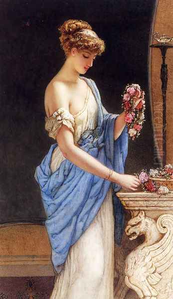 A Girl In Classical Dress Arranging A Garland Of Flowers Oil Painting by Auguste Jules Bouvier, N.W.S.