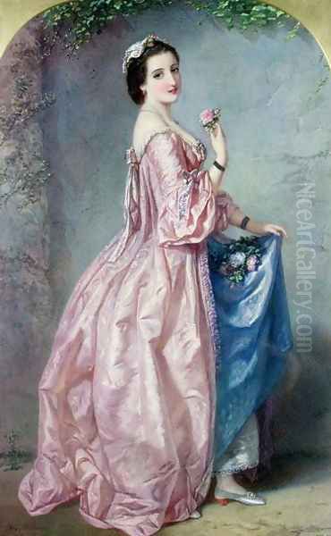 Lady holding Flowers in her Petticoat Oil Painting by Auguste Jules Bouvier, N.W.S.