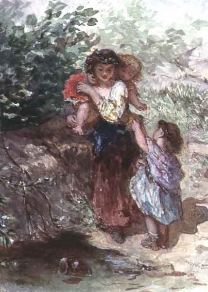 Girl standing with a Child on her Shoulders, another Child by her Side Oil Painting by Auguste Jules Bouvier, N.W.S.