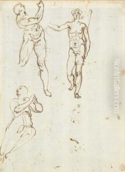 Studies Of Saint John The 
Baptist Carrying A Crook, A Figureholding A Block And A Kneeling Female 
Looking Up (recto); A Puttoin Flight (verso) Oil Painting by Cherubino Alberti