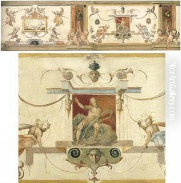 A Decorative Panel With 
Grotesques And Putti Flanking Panels With A Landscape And Neptune Oil Painting by Cherubino Alberti