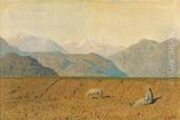 Paesaggio Montano Con Contadina E Pecora by Oreste Albertini