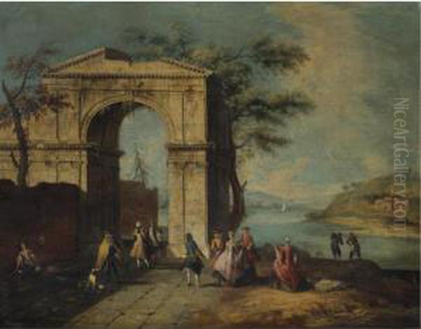 Elegant Figures Standing By A Classical Arch Oil Painting by Francesco Albotto