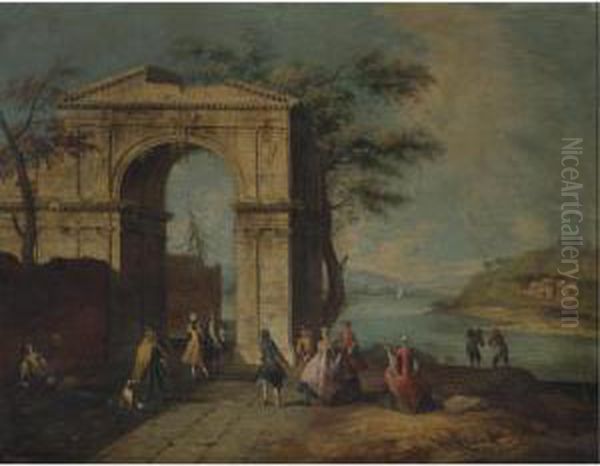 Elegant Figures Standing By A Classical Arch Oil Painting by Francesco Albotto