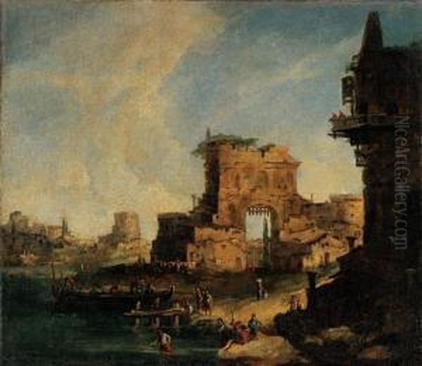 Capriccio Fluviale Con Case Rustiche Oil Painting by Francesco Albotto