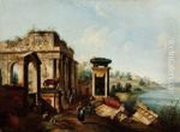 Capriccio Con Rovine Classiche E Paesaggio Fluviale Oil Painting by Francesco Albotto