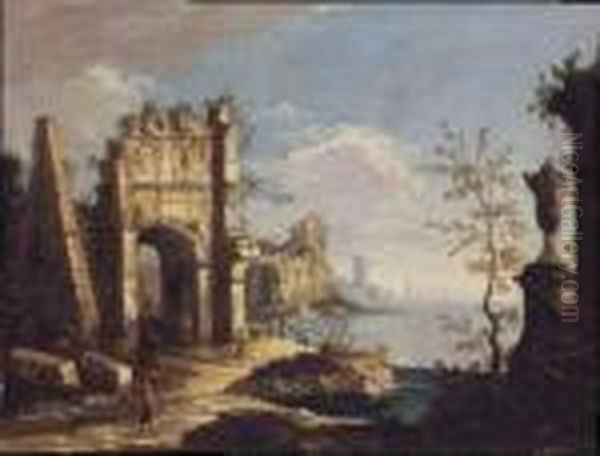 A) E B) Capriccio Con Rovine Di Edifici Classici In Riva Oil Painting by Francesco Albotto