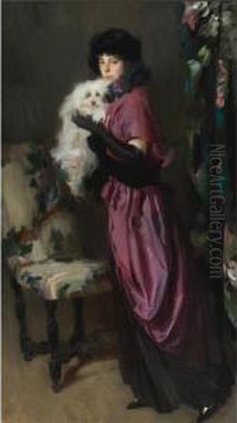 Elegant Woman With Her Dog Oil Painting by Ambrogio Antonio Alciati