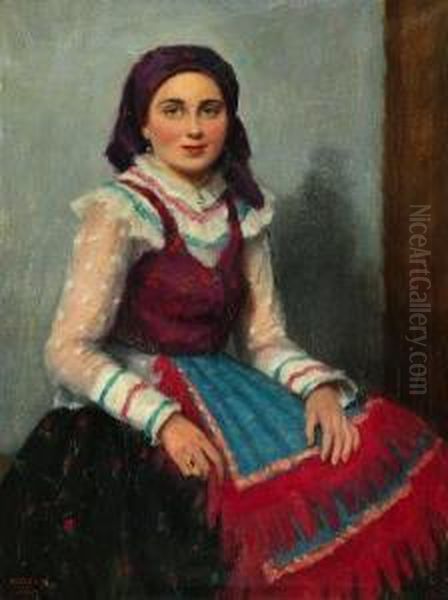 Young Girl In National Costume Oil Painting by Janos Laszlo Aldor