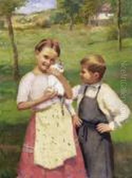 Children With A Cat Oil Painting by Janos Laszlo Aldor